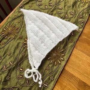 Pointelle Cable Knit White Kerchief Pixie Bonnet Cap Cottage Fairy Trad Femme